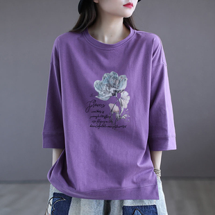 外貿品牌出口清倉100%純棉七分袖 印花t恤女休閑顯瘦文藝百搭上衣