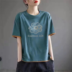 外貿(mào)出口品牌清倉100%純棉短袖 減齡上衣夏 圓領(lǐng)t恤女2025休閑時尚