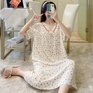 睡衣夏款 2023年新款 家居服春 高級感短袖 可外穿睡裙女夏純棉綢韓版