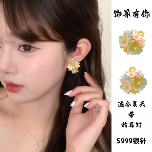 S999銀針多巴胺花朵適合夏天帶 耳釘女海邊度假風耳飾高級感耳環