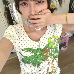 修身 2025新款 顯瘦甜辣上衣 t恤女夏季 可愛甜美白色波點U領正肩短袖