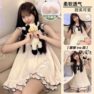 睡衣女春夏帶胸墊泡泡棉薄款 日系甜美蝴蝶結學生宿舍吊帶套裝