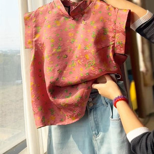 上衣 國風(fēng)粉色亞麻小飛袖 清倉撿漏 買手店專柜外貿(mào)女韓系穿搭中式