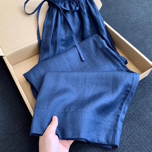 長褲 速干闊腿褲 買手店專柜外貿(mào)女韓系穿搭藍(lán)色亞麻窄版 清倉撿漏