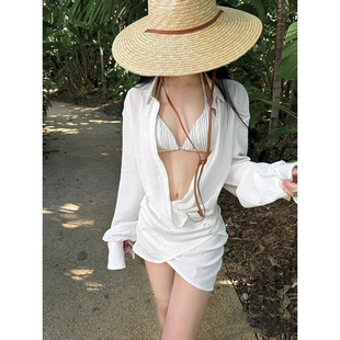 海邊沙灘度假比基尼襯衫 夏滌綸 裙游泳衣女三件套遮肚網紅小胸爆款