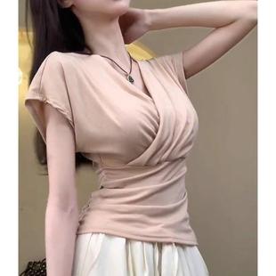 修身 新款 掐腰氣質甜辣小上衣 T恤女2025夏季 韓系交叉V領輕熟風短袖