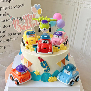 扮 飾卡通迷你回力小車車擺件兒童生日裝 網紅可愛Q版 小汽車蛋糕裝