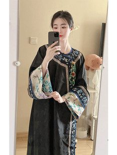 品牌折扣專柜商場(chǎng)外貿(mào)女裝 清倉(cāng)改良漢服別致印花真絲旗袍連衣裙子