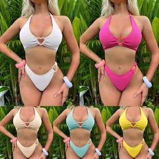 少女感分體泳衣電音節沙灘泳池bikini愛心環糖果色泳裝 性感比基尼