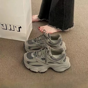 女百搭輕便休閑運動鞋 復古灰厚底增高真皮老爹鞋 新款 韓國2025春季