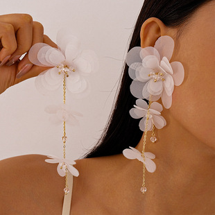 海邊度假風(fēng)布藝雪紡花長款 夸張小眾氣質(zhì)感耳飾女 銀針耳環(huán)個性