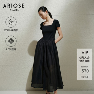 艾諾絲雅詩 連衣裙女氣質小黑裙夏40439097 天絲&亞麻方領拼接短袖