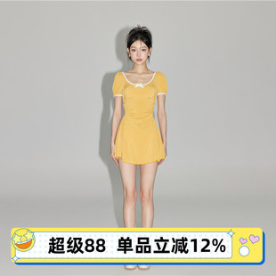 蘇拉娜公主分體泳衣女保守顯瘦遮肚裙式 黃色INS風小胸泡溫泉泳裝