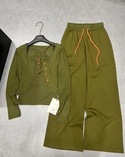 長袖 開衫 吊帶 BSMD正品 時尚 軍綠色套裝 松緊腰闊腿褲 潮 2025年夏季