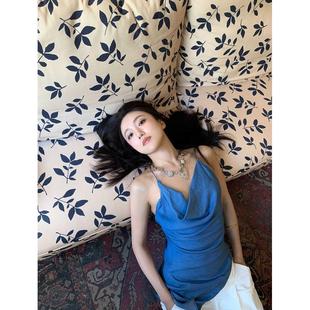 辣妹蕩領藍色掛脖吊帶背心女夏季 露背上衣 外穿設計感不規則短款