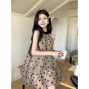 新款 系帶掛脖波點連衣裙女夏季 氣質小個子寬松短裙裙子 無袖 法式