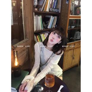 罩衫 純欲風白色微透破洞斜肩長袖 辣妹設計感修身 女春季 上衣 針織衫