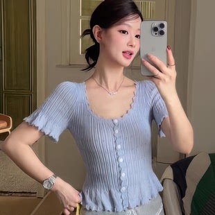 款 法式 女夏季 針織開衫 高級感辣妹獨(dú)特絕美小上衣 藍(lán)色U領(lǐng)花邊短袖