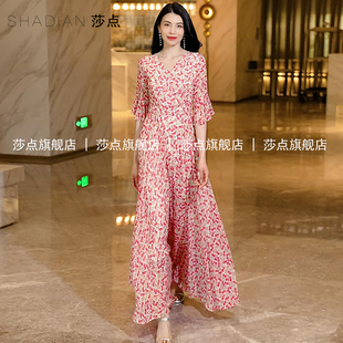 2025新款 V領薄紗連衣裙女夏氣質大擺碎花裙雪紡海邊度假長裙 法式
