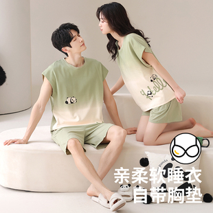 舒適家居服套裝 帶胸墊情侶睡衣夏季 卡通可愛女士時尚 男士 純棉短袖