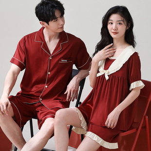 結婚紅色男女士絲綢高級感家居服套裝 思馨坊情侶睡衣夏季 冰絲短袖