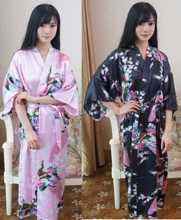 舞臺表演中國風民族服家居睡衣美女春夏季 印花孔雀女士浴袍粉紅HJ