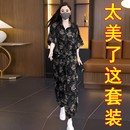 洋氣大碼 套裝 女裝 寬松顯瘦哈倫褲 胖MM印花時(shí)尚 2025超火兩件套夏季