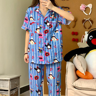 家居服夏款 睡衣女夏天季 圣藍色音樂pingu純棉短袖 侘町2025年新款