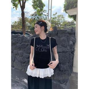 大碼 T恤女修身 休閑百搭辣妹復古夏季 蕾絲花邊短袖 新款 2025夏季