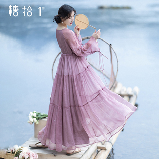 春季 復古純色大擺連衣裙方領輕薄拼接長裙女裝 浪漫裙子 粉紫凌