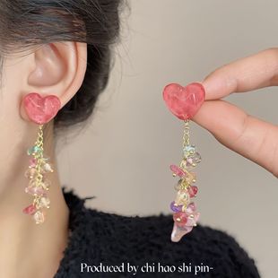 2025新款 女人味度假風甜美滴釉紅色花朵流蘇耳環氣質出游耳飾 爆款