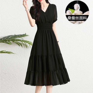 高端精致桑蠶絲裙子 女夏季 杭州大牌正品 黑色真絲連衣裙2024年新款