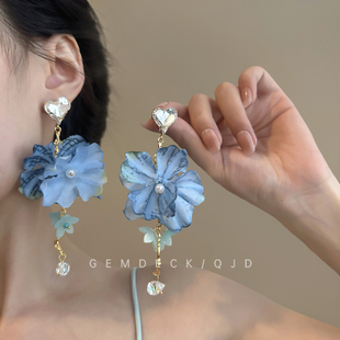 超仙藍色花朵愛心流蘇耳釘森系甜美夸張耳環(huán)海邊度假風拍照耳飾女