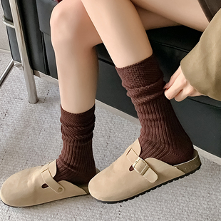 白色堆堆襪子女中筒襪秋冬加厚保暖粗線針織拼接顆粒感松口菠蘿襪