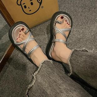 松糕底套趾半拖鞋 小個子厚底增高涼拖鞋 沙灘鞋 新款 女外穿2025夏季