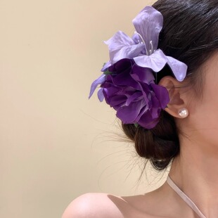 紫色韻味百合花發夾女后腦勺仿真花朵頭花抓夾鯊魚夾海邊度假頭飾