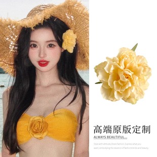 海邊度假風花朵發夾邊夾仿真花黃色牡丹花側邊耳后發卡發飾甜美