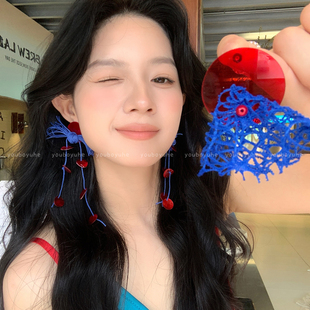 夏日紅藍撞色流蘇耳環女2025年夏季 夸張耳釘海邊度假拍照耳飾 新款