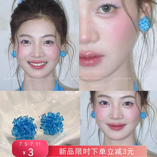 耳畔藍韻 藝術生耳夾小眾設計耳環 藍色串珠耳釘女適合海邊度假
