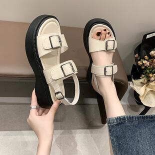 女夏 羅馬涼鞋 2025新款 一字帶厚底配裙子ins潮復古外穿沙灘拖時尚