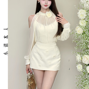 雪紡襯衣25434 薄款 小諾本人漏肩短上衣女2025夏新款 收腰顯瘦襯衫