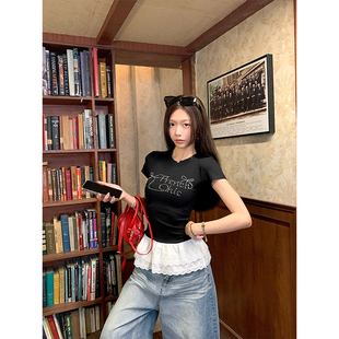 Mosesqueen魔西女王蝴蝶結(jié)花邊黑色短袖 上衣潮 t恤2025夏拼接修身