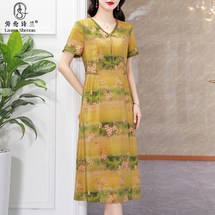 桑蠶絲真絲連衣裙女2025夏季 顯瘦媽媽裝 新款 印花大碼 時(shí)尚 專(zhuān)柜正品