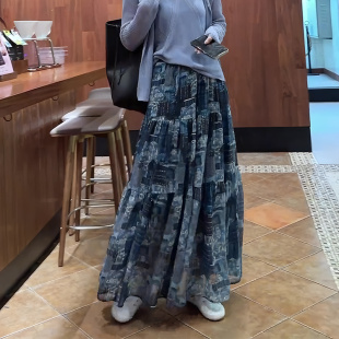小眾休閑風長裙 新款 歐貨正品 藍色復古印花設計感半身裙女2025夏季