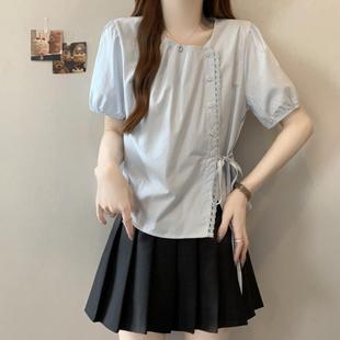 新款 2025夏季 大碼 女裝 上衣 蕾絲花邊短袖 胖mm收腰系帶遮肚薄款 襯衫