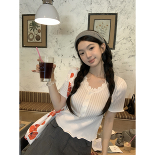 花邊針織衫 韓系甜美溫柔鏤空短袖 上衣 BLACK 黑奶酪