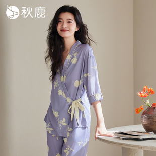 九分褲 秋鹿南韓絲印花V領女士睡衣夏款 仿真絲家居服女春夏七分袖