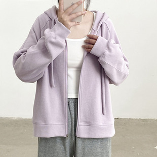 小個子連帽開衫 2025春季 寬松拉鏈上衣 衛(wèi)衣外套女短款 淺紫色插肩袖