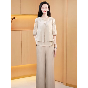 女2025新款 夏季 新款 新中式 顯瘦百搭闊腿褲 套裝 媽媽裝 小個子時尚
