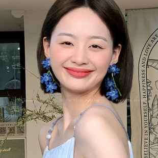藍(lán)色串珠花朵流蘇耳環(huán)女款 耳墜海邊度假風(fēng)紫色夸張耳飾 適合夏天